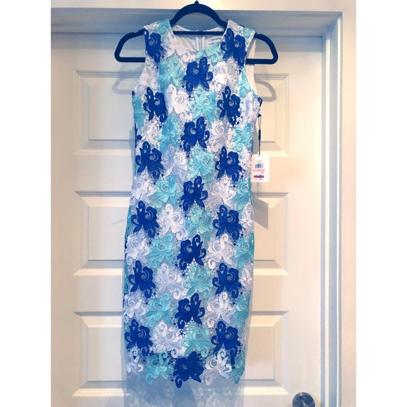Calvin Klein Blue/White Lace Sheath Dress - NEW - Picture 1 of 3